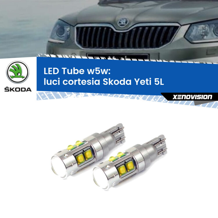 0 Luci Cortesia LED W5W Skoda Yeti 5L 2009 - 2017 W5W Tube <strong>Luci Cortesia LED 6000k per Skoda Yeti</strong> 5L 2009 - 2017. Lampadine <strong>W5W</strong> canbus modello Tube, luce bianco lunare, lunga durata e compatibilità.