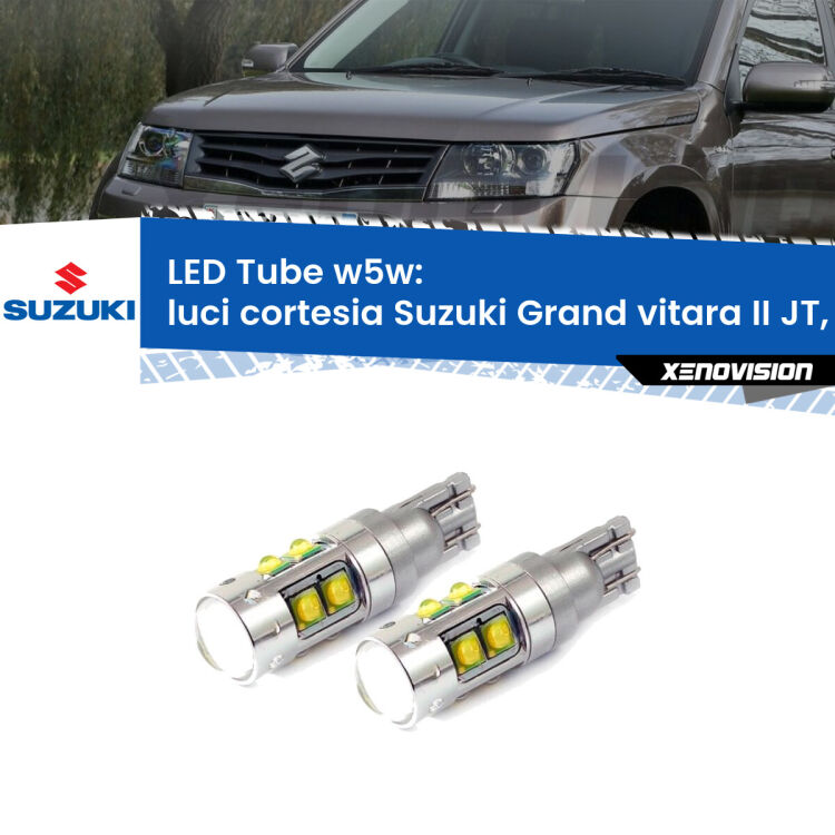Luci Cortesia LED W5W Suzuki Grand vitara II JT, TE, TD anteriori W5W Tube <strong>Luci Cortesia LED 6000k per Suzuki Grand vitara II</strong> JT, TE, TD anteriori. Lampadine <strong>W5W</strong> canbus modello Tube, luce bianco lunare, lunga durata e compatibilità.