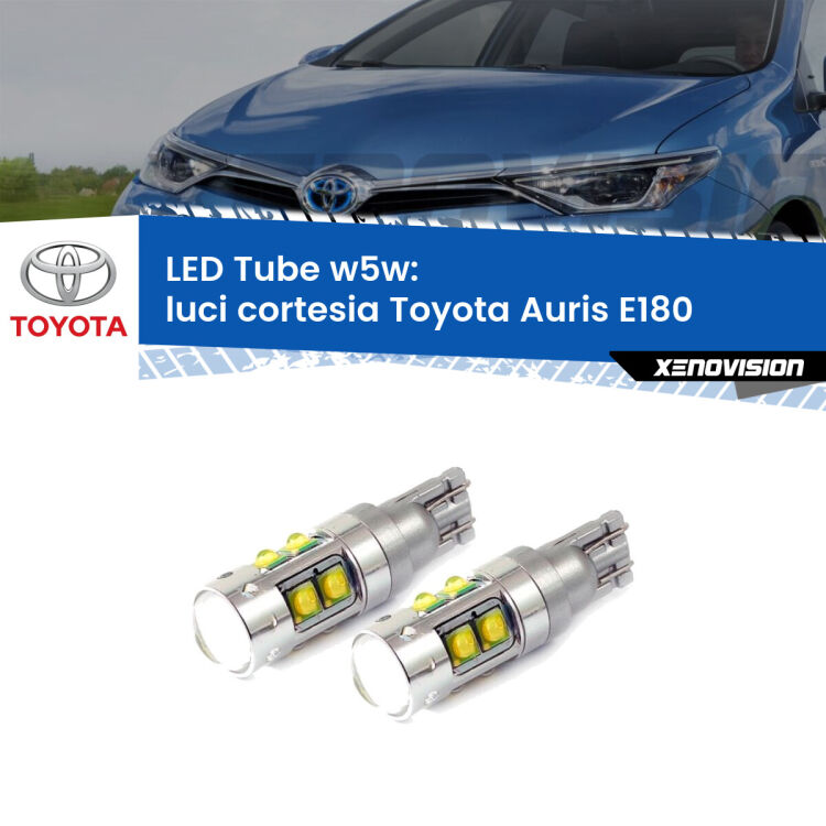 0 Luci Cortesia LED W5W Toyota Auris E180 anteriori W5W Tube <strong>Luci Cortesia LED 6000k per Toyota Auris</strong> E180 anteriori. Lampadine <strong>W5W</strong> canbus modello Tube, luce bianco lunare, lunga durata e compatibilità.
