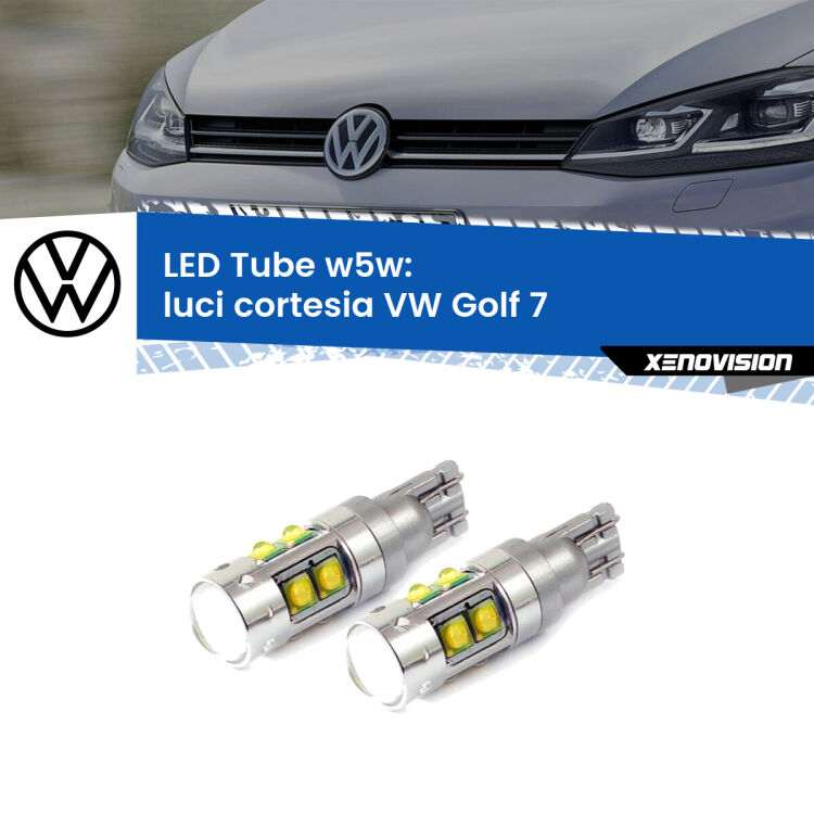 0 Luci Cortesia LED W5W VW Golf 7 2012 - 2019 W5W Tube <strong>Luci Cortesia LED 6000k per VW Golf 7</strong> 2012 - 2019. Lampadine <strong>W5W</strong> canbus modello Tube, luce bianco lunare, lunga durata e compatibilità.