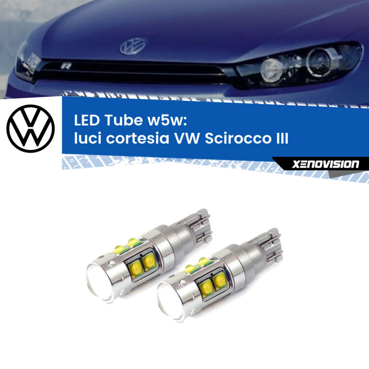 0 Luci Cortesia LED W5W VW Scirocco III 2008 - 2017 W5W Tube <strong>Luci Cortesia LED 6000k per VW Scirocco</strong> III 2008 - 2017. Lampadine <strong>W5W</strong> canbus modello Tube, luce bianco lunare, lunga durata e compatibilità.
