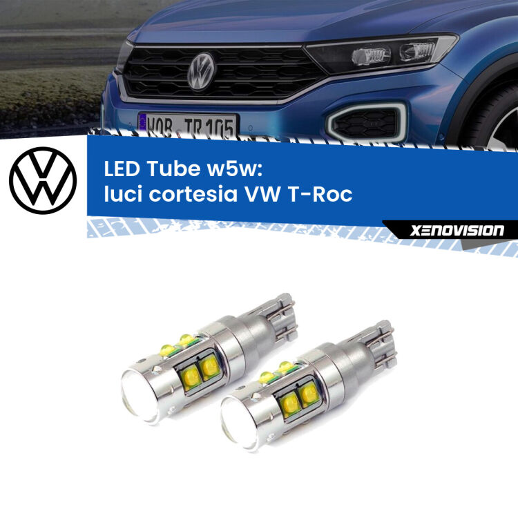 0 Luci Cortesia LED W5W VW T-Roc 2017 in poi W5W Tube <strong>Luci Cortesia LED 6000k per VW T-Roc</strong> 2017 in poi. Lampadine <strong>W5W</strong> canbus modello Tube, luce bianco lunare, lunga durata e compatibilità.