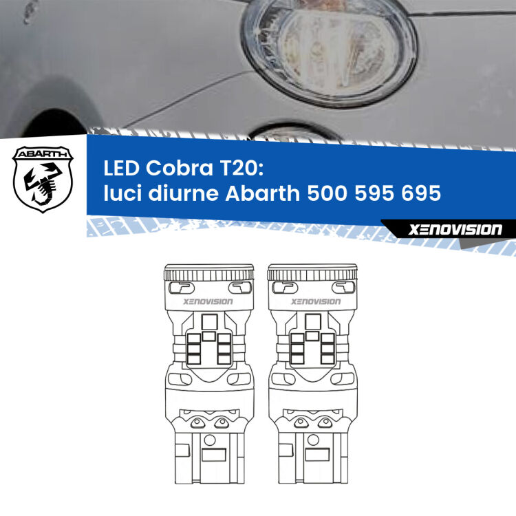 0 Luci diurne LED Abarth 500 595 695  prima serie: T20 Cobra <strong>Luci diurne LED no-spie per Abarth 500 595 695</strong>  prima serie. Coppia lampade <strong>T20</strong> modello Cobra super-canbus, raffreddate a ventola.