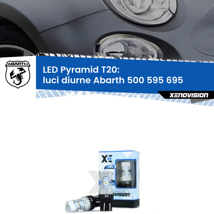 0 Luci diurne LED Abarth 500 595 695 restyling: T20 Pyramid Coppia <strong>Luci diurne LED</strong> per Abarth <strong>500 595 695 </strong> restyling. Lampadine premium <strong>T20</strong> ultra luminose e super canbus, modello Pyramid Xenovision.
