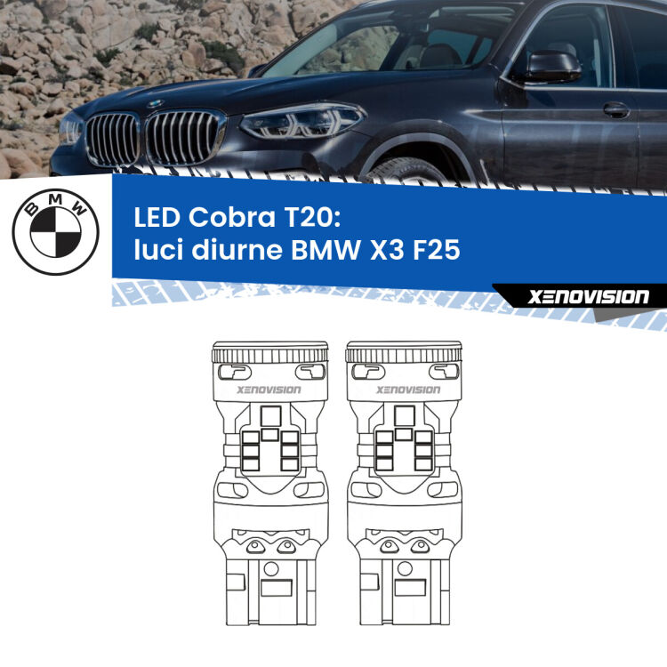 0 Luci diurne LED BMW X3 F25 2010 - 2016: T20 Cobra <strong>Luci diurne LED no-spie per BMW X3</strong> F25 2010 - 2016. Coppia lampade <strong>T20</strong> modello Cobra super-canbus, raffreddate a ventola.