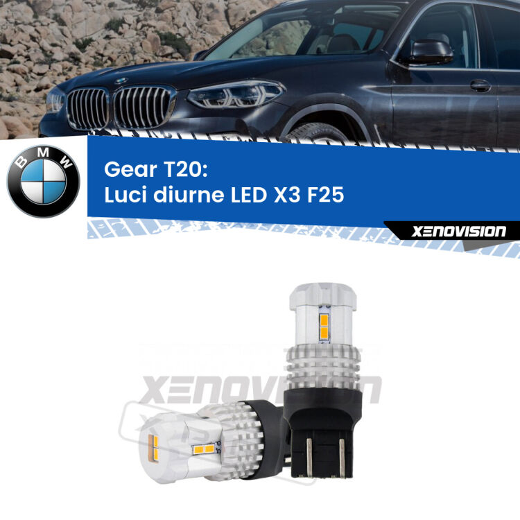 <strong>LED T20 </strong><strong>Luci diurne</strong> <strong>BMW</strong> <strong>X3 </strong>(F25) 2010 - 2016. Coppia LED effetto Stealth, ottima resa in ogni direzione, Qualità Massima.