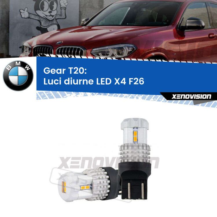 <strong>LED T20 </strong><strong>Luci diurne</strong> <strong>BMW</strong> <strong>X4 </strong>(F26) 2014 - 2017. Coppia LED effetto Stealth, ottima resa in ogni direzione, Qualità Massima.