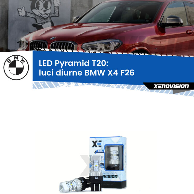 0 Luci diurne LED BMW X4 F26 2014 - 2017: T20 Pyramid Coppia <strong>Luci diurne LED</strong> per BMW <strong>X4 F26</strong> 2014 - 2017. Lampadine premium <strong>T20</strong> ultra luminose e super canbus, modello Pyramid Xenovision.