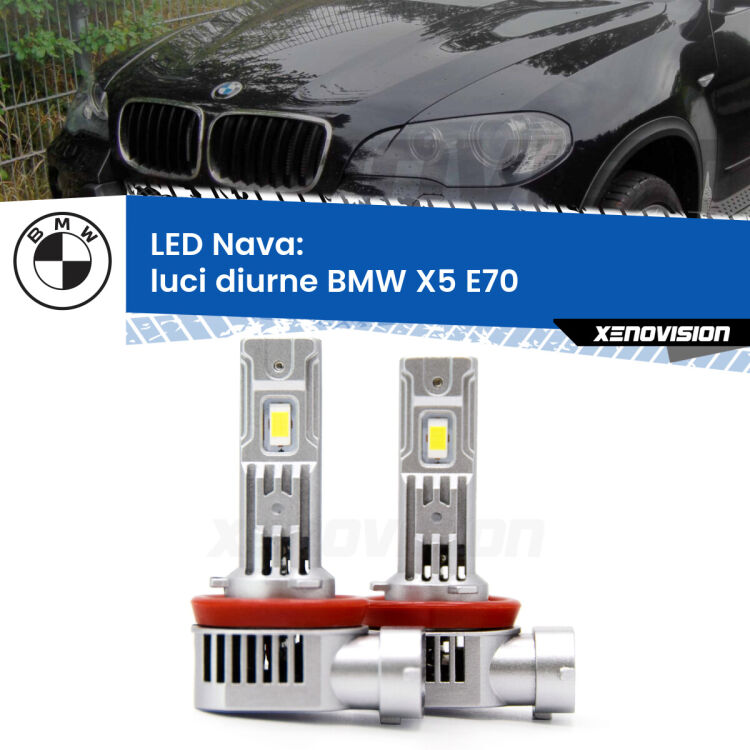 0 Luci diurne LED BMW X5 E70 2006 - 2013: Nava 20,000Lm <strong>Luci diurne LED no-spie per BMW X5</strong> E70 2006 - 2013. Coppia lampade <strong>H11</strong>/H9/H8/H16(JP) modello Nava canbus, raffreddate a ventola.