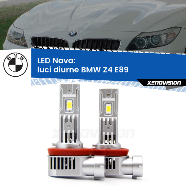 0 Luci diurne LED BMW Z4 E89 2009 - 2016: Nava 20,000Lm <strong>Luci diurne LED no-spie per BMW Z4</strong> E89 2009 - 2016. Coppia lampade <strong>H11</strong>/H9/H8/H16(JP) modello Nava canbus, raffreddate a ventola.