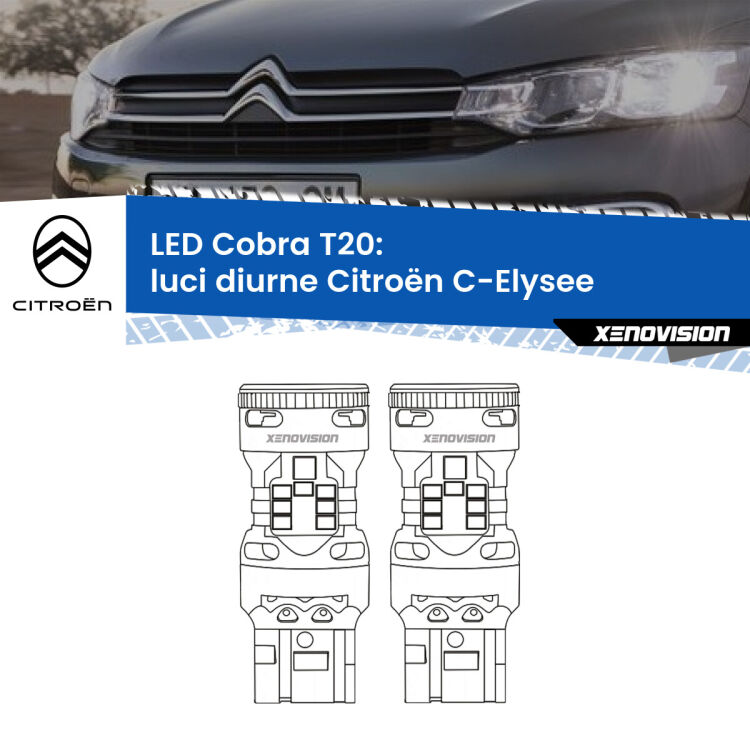 0 Luci diurne LED Citroën C-Elysee 2012 in poi: T20 Cobra <strong>Luci diurne LED no-spie per Citroën C-Elysee</strong> 2012 in poi. Coppia lampade <strong>T20</strong> modello Cobra super-canbus, raffreddate a ventola.