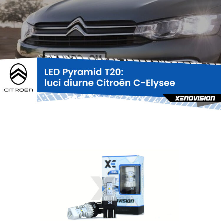 0 Luci diurne LED Citroën C-Elysee 2012 in poi: T20 Pyramid Coppia <strong>Luci diurne LED</strong> per Citroën <strong>C-Elysee </strong> 2012 in poi. Lampadine premium <strong>T20</strong> ultra luminose e super canbus, modello Pyramid Xenovision.