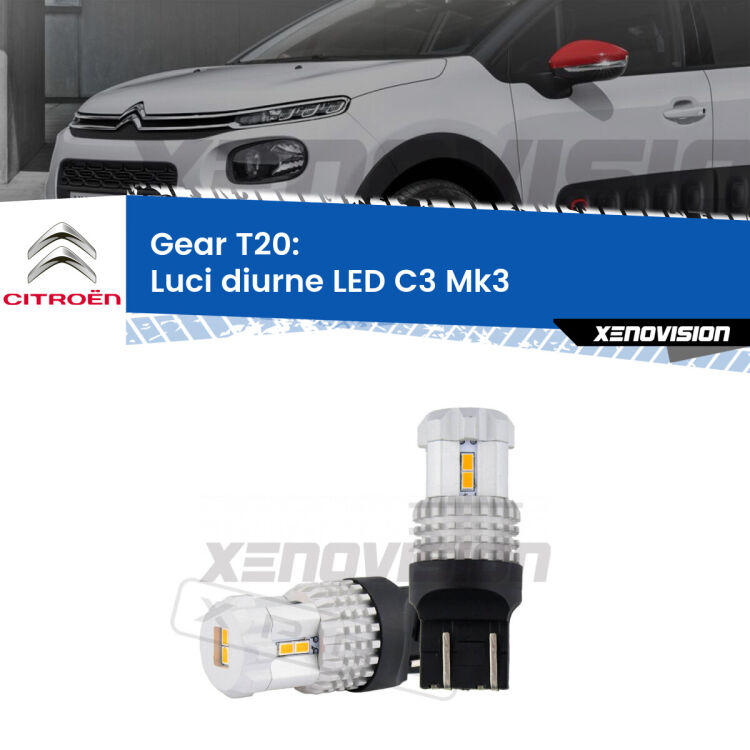 <strong>LED T20 </strong><strong>Luci diurne</strong> <strong>Citroen</strong> <strong>C3 </strong>(Mk3) 2016 in poi. Coppia LED effetto Stealth, ottima resa in ogni direzione, Qualità Massima.