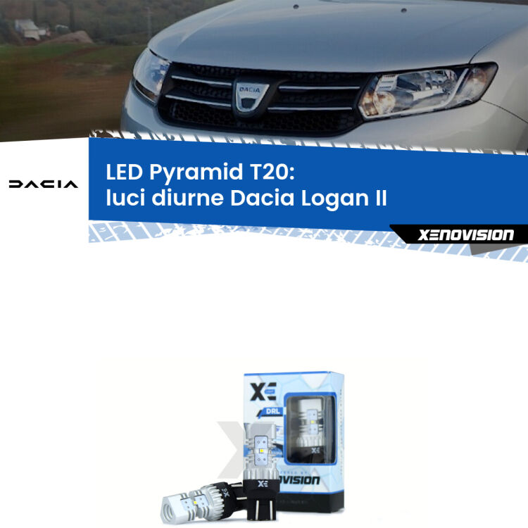 0 Luci diurne LED Dacia Logan II 2012 in poi: T20 Pyramid Coppia <strong>Luci diurne LED</strong> per Dacia <strong>Logan II</strong> 2012 in poi. Lampadine premium <strong>T20</strong> ultra luminose e super canbus, modello Pyramid Xenovision.
