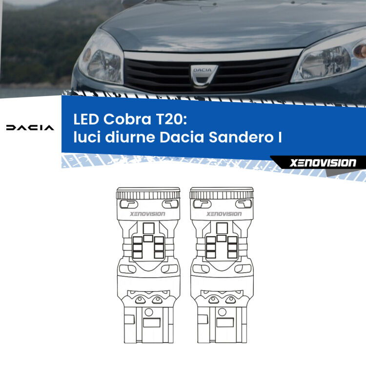 0 Luci diurne LED Dacia Sandero I 2008 - 2012: T20 Cobra <strong>Luci diurne LED no-spie per Dacia Sandero I</strong> 2008 - 2012. Coppia lampade <strong>T20</strong> modello Cobra super-canbus, raffreddate a ventola.