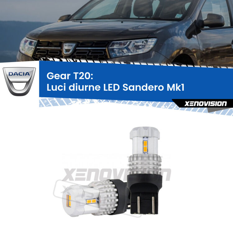 <strong>LED T20 </strong><strong>Luci diurne</strong> <strong>Dacia</strong> <strong>Sandero </strong>(Mk1) 2008 - 2012. Coppia LED effetto Stealth, ottima resa in ogni direzione, Qualità Massima.