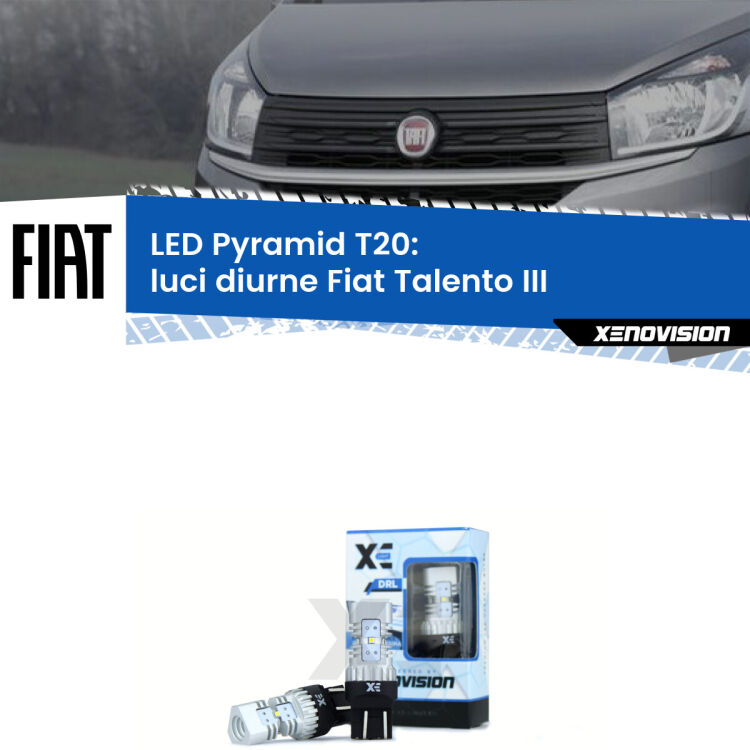0 Luci diurne LED Fiat Talento III 2016 - 2020: T20 Pyramid Coppia <strong>Luci diurne LED</strong> per Fiat <strong>Talento III</strong> 2016 - 2020. Lampadine premium <strong>T20</strong> ultra luminose e super canbus, modello Pyramid Xenovision.
