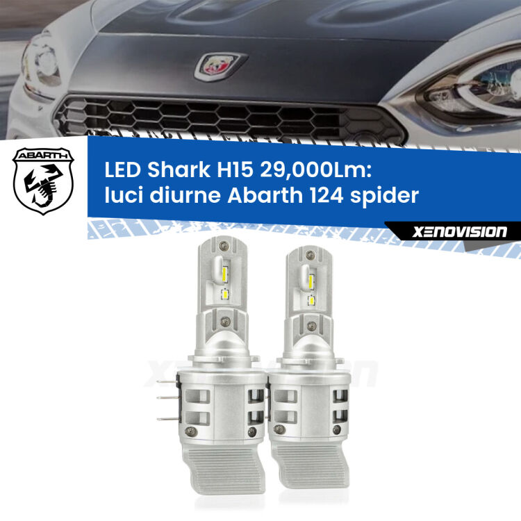 0 Luci diurne LED H15 24,000Lm per Abarth 124 spider 2016 - 2019 <strong>Kit luci diurne LED per Abarth 124 spider</strong> 2016 - 2019. Lampade <strong>H15</strong> doppia funzione (diurne + abbaglianti) Canbus modello Shark Xenovision.
