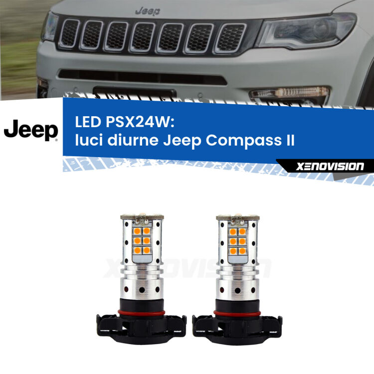 0 Luci diurne LED Jeep Compass II 2017 in poi: PSX24W <strong>LED per luci diurne Jeep Compass</strong> II 2017 in poi. Coppia lampade <strong>PSX24W</strong> Canbus da Xenovision.