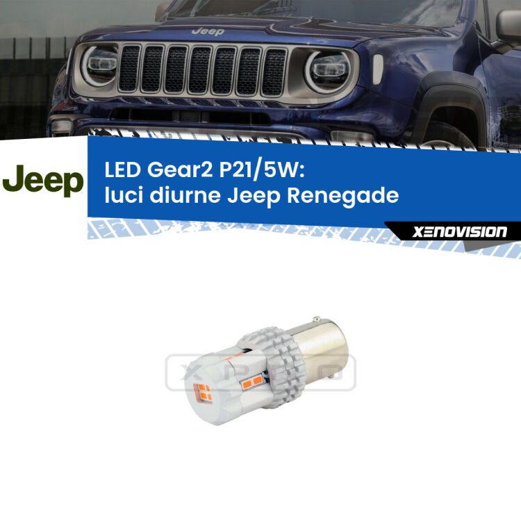 <strong>Luci diurne LED no-spie per Jeep Renegade</strong>  2014 in poi. Una lampada <strong>P21/5W</strong> modello Gear da Xenovision.