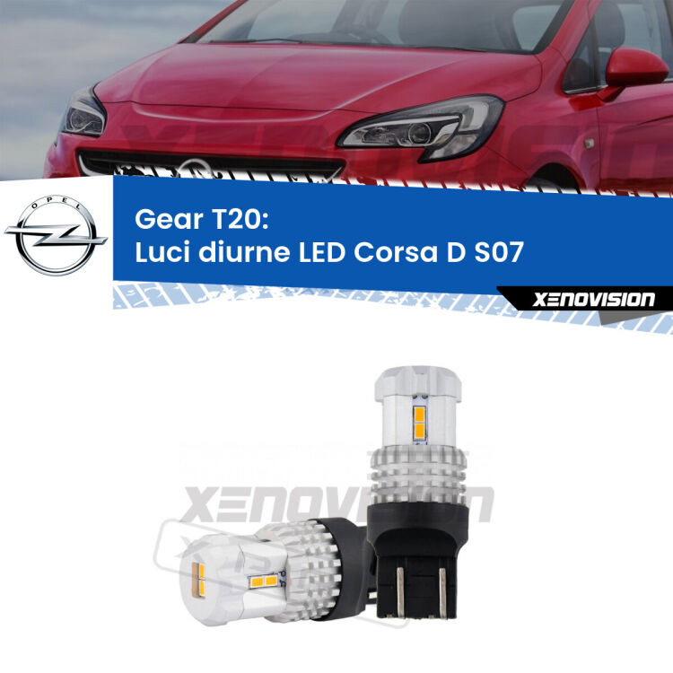 <strong>LED T20 </strong><strong>Luci diurne</strong> <strong>Opel</strong> <strong>Corsa D </strong>(S07) 2006 - 2014. Coppia LED effetto Stealth, ottima resa in ogni direzione, Qualità Massima.