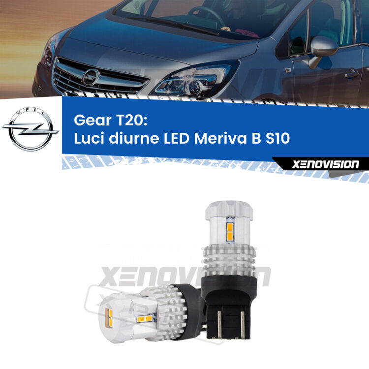 <strong>LED T20 </strong><strong>Luci diurne</strong> <strong>Opel</strong> <strong>Meriva B </strong>(S10) 2010 - 2017. Coppia LED effetto Stealth, ottima resa in ogni direzione, Qualità Massima.