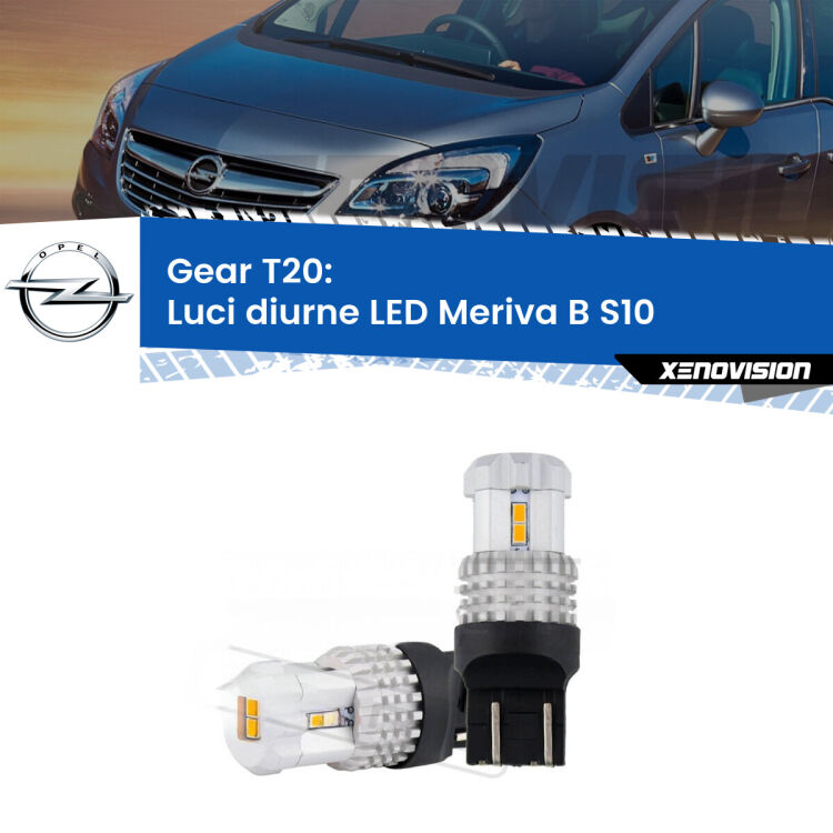 0 Luci diurne LED Opel Meriva B S10 2010 - 2017: T20 Bolt <strong>LED T20 </strong><strong>Luci diurne</strong> <strong>Opel</strong> <strong>Meriva B </strong>(S10) 2010 - 2017. Coppia LED effetto Stealth, ottima resa in ogni direzione, Qualità Massima.