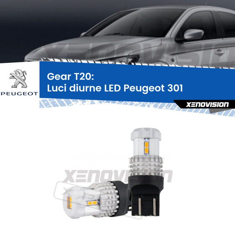 <strong>LED T20 </strong><strong>Luci diurne</strong> <strong>Peugeot</strong> <strong>301 </strong> 2012 - 2017. Coppia LED effetto Stealth, ottima resa in ogni direzione, Qualità Massima.