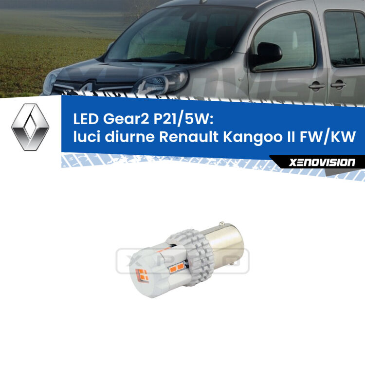 <strong>Luci diurne LED no-spie per Renault Kangoo II</strong> FW/KW 2008 in poi. Una lampada <strong>P21/5W</strong> modello Gear da Xenovision.