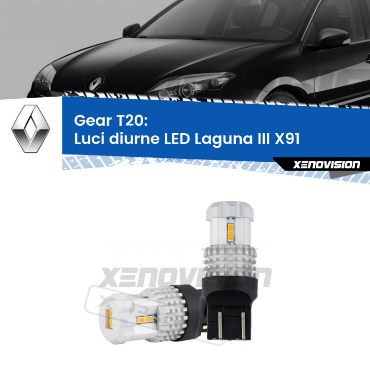 <strong>LED T20 </strong><strong>Luci diurne</strong> <strong>Renault</strong> <strong>Laguna III </strong>(X91) 2010 - 2015. Coppia LED effetto Stealth, ottima resa in ogni direzione, Qualità Massima.