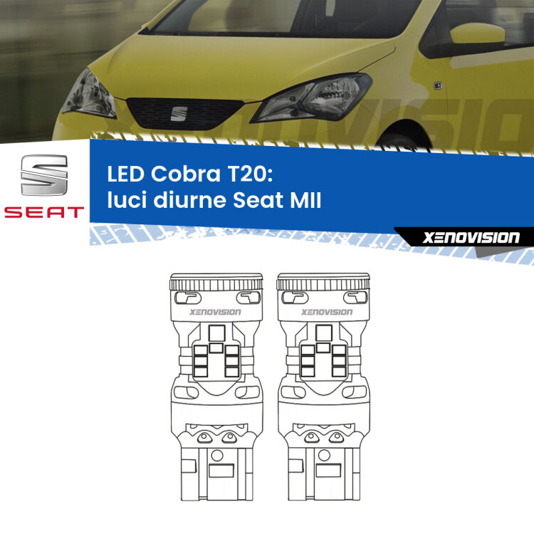 0 Luci diurne LED Seat MII  2011 - 2021: T20 Cobra <strong>Luci diurne LED no-spie per Seat MII</strong>  2011 - 2021. Coppia lampade <strong>T20</strong> modello Cobra super-canbus, raffreddate a ventola.