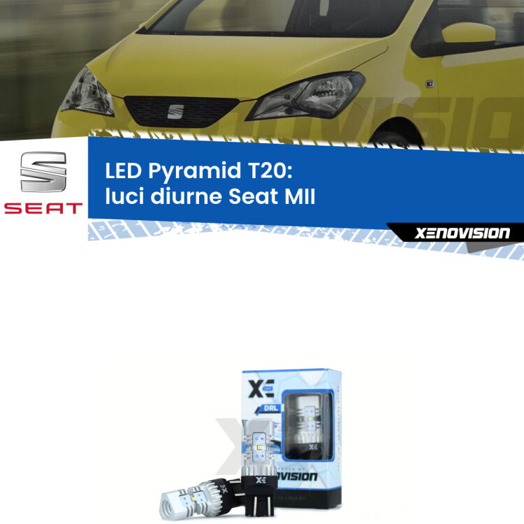 0 Luci diurne LED Seat MII  2011 - 2021: T20 Pyramid Coppia <strong>Luci diurne LED</strong> per Seat <strong>MII </strong>  2011 - 2021. Lampadine premium <strong>T20</strong> ultra luminose e super canbus, modello Pyramid Xenovision.