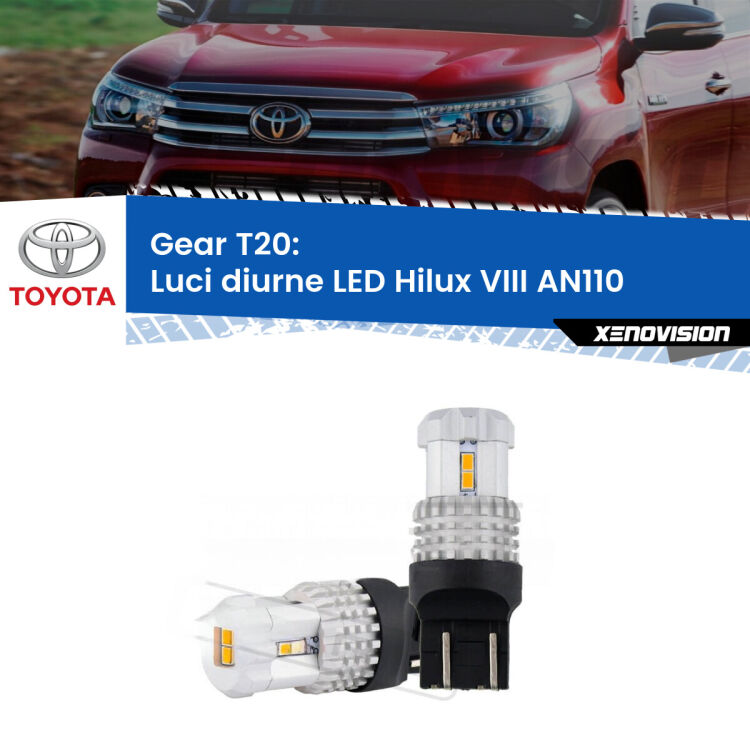 0 Luci diurne LED Toyota Hilux VIII AN110 2015 in poi: T20 Bolt <strong>LED T20 </strong><strong>Luci diurne</strong> <strong>Toyota</strong> <strong>Hilux VIII </strong>(AN110) 2015 in poi. Coppia LED effetto Stealth, ottima resa in ogni direzione, Qualità Massima.