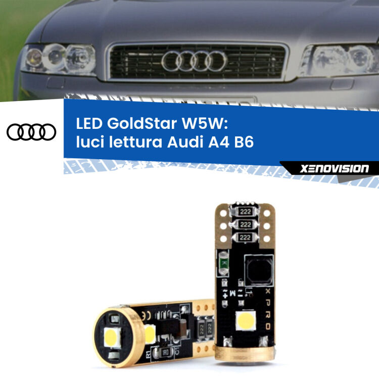 0 Luci Lettura LED Audi A4 B6 2000 - 2004: T10 GoldStar <strong>Luci Lettura LED Audi A4</strong> B6 2000 - 2004: ottima luminosità a 360 gradi. Si inseriscono ovunque. Canbus, Top Quality.