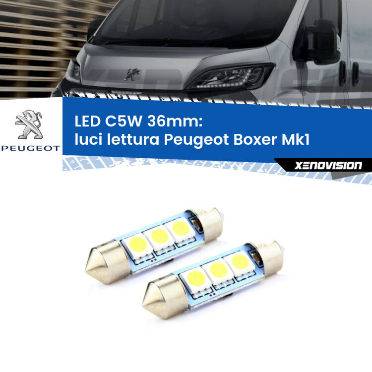 0 Luci Lettura LED c5w 36mm Peugeot Boxer Mk1 1994 - 2002 (Coppia) <strong>Luci Lettura LED per Peugeot Boxer</strong> Mk1 1994 - 2002. Coppia lampade <strong>C5W</strong> 36mm estremamente longeve.