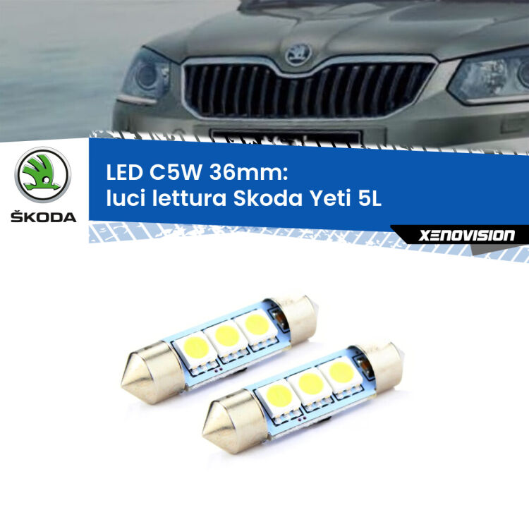 0 Luci Lettura LED c5w 36mm Skoda Yeti 5L posteriori (Coppia) <strong>Luci Lettura LED per Skoda Yeti</strong> 5L posteriori. Coppia lampade <strong>C5W</strong> 36mm estremamente longeve.