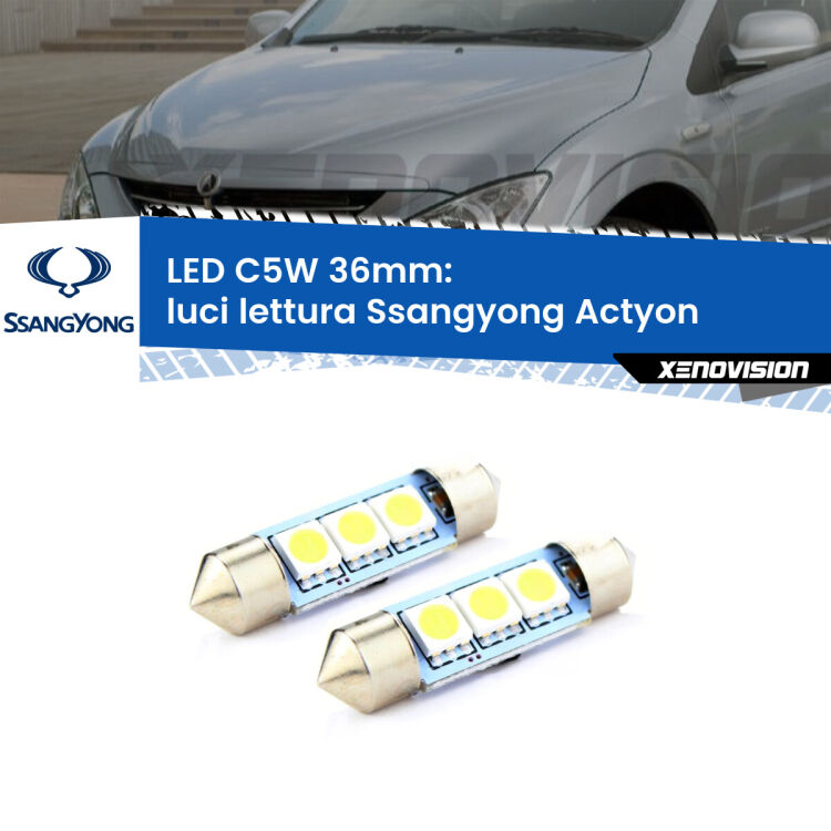 0 Luci Lettura LED c5w 36mm Ssangyong Actyon 2006 - 2017 (Coppia) <strong>Luci Lettura LED per Ssangyong Actyon</strong> 2006 - 2017. Coppia lampade <strong>C5W</strong> 36mm estremamente longeve.
