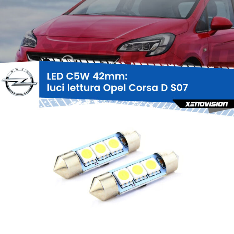 0 Luci Lettura LED c5w 41mm Opel Corsa D S07 2006 - 2014 (Coppia) <strong>Luci Lettura LED per Opel Corsa D</strong> S07 2006 - 2014. Coppia lampade <strong>C5W</strong> 41mm estremamente longeve.