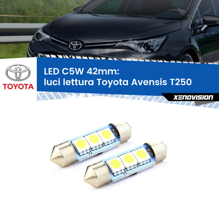0 Luci Lettura LED c5w 41mm Toyota Avensis T250 2003 - 2008 (Coppia) <strong>Luci Lettura LED per Toyota Avensis</strong> T250 2003 - 2008. Coppia lampade <strong>C5W</strong> 41mm estremamente longeve.