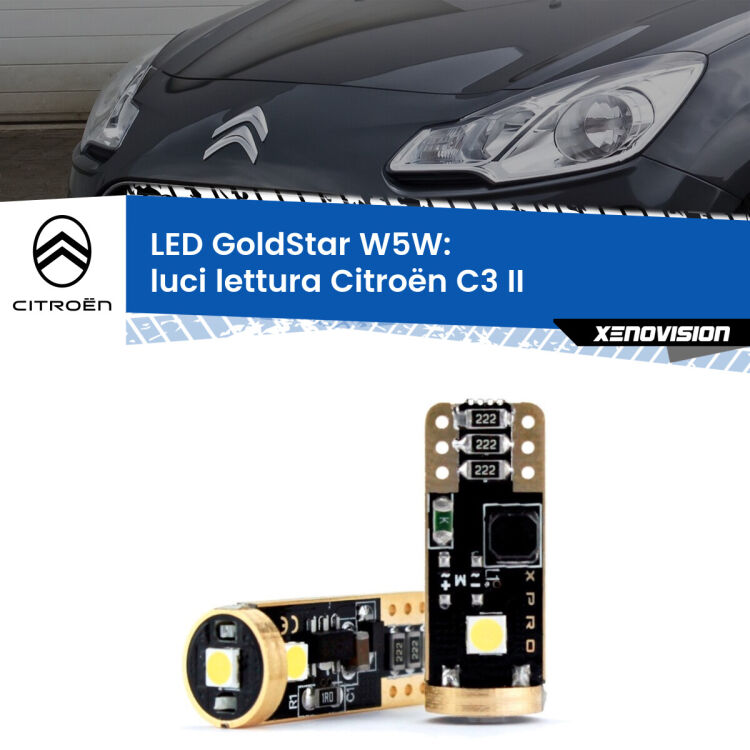 0 Luci Lettura LED Citroën C3 II 2009 - 2016: T10 GoldStar <strong>Luci Lettura LED Citroën C3</strong> II 2009 - 2016: ottima luminosità a 360 gradi. Si inseriscono ovunque. Canbus, Top Quality.