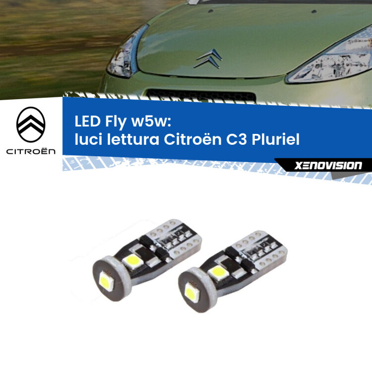 0 Luci Lettura LED Citroën C3 Pluriel 2003 - 2010: W5W Fly <strong>luci lettura LED per Citroën C3 Pluriel</strong> 2003 - 2010. Coppia lampadine <strong>w5w</strong> Canbus compatte modello Fly Xenovision.