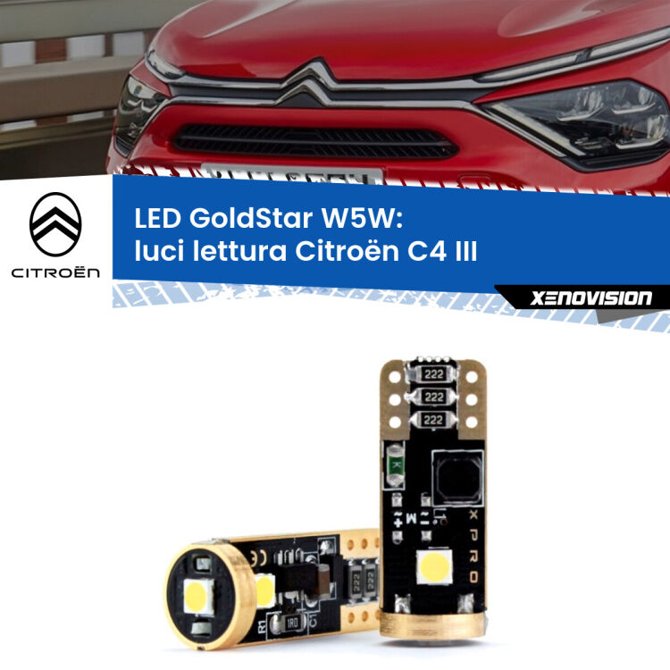 0 Luci Lettura LED Citroën C4 III 2020 in poi: T10 GoldStar <strong>Luci Lettura LED Citroën C4</strong> III 2020 in poi: ottima luminosità a 360 gradi. Si inseriscono ovunque. Canbus, Top Quality.