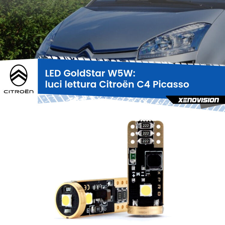 0 Luci Lettura LED Citroën C4 Picasso 2006 - 2013: T10 GoldStar <strong>Luci Lettura LED Citroën C4 Picasso</strong> 2006 - 2013: ottima luminosità a 360 gradi. Si inseriscono ovunque. Canbus, Top Quality.