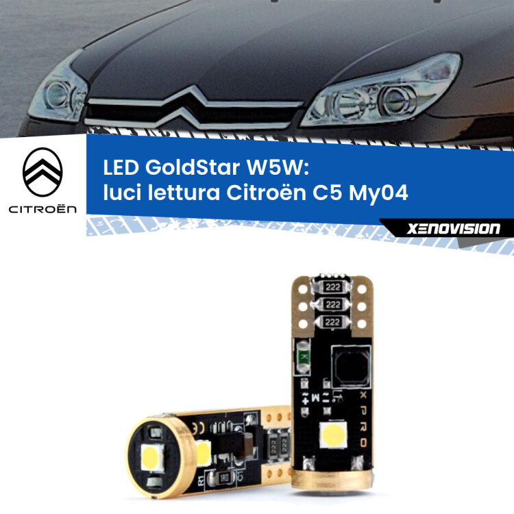 0 Luci Lettura LED Citroën C5 My04 2004 - 2008: T10 GoldStar <strong>Luci Lettura LED Citroën C5</strong> My04 2004 - 2008: ottima luminosità a 360 gradi. Si inseriscono ovunque. Canbus, Top Quality.