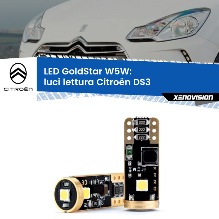 0 Luci Lettura LED Citroën DS3 2009 - 2015: T10 GoldStar <strong>Luci Lettura LED Citroën DS3</strong> 2009 - 2015: ottima luminosità a 360 gradi. Si inseriscono ovunque. Canbus, Top Quality.