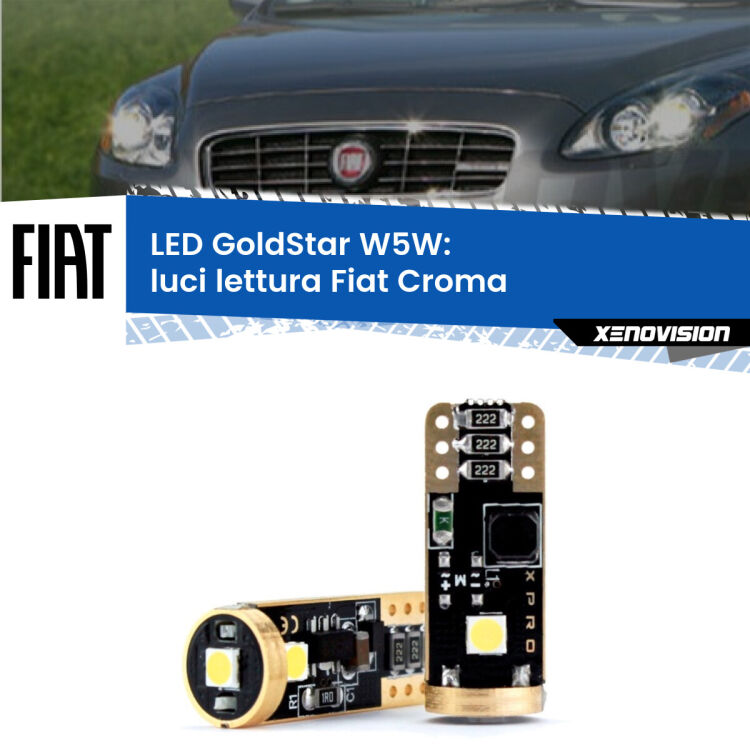 0 Luci Lettura LED Fiat Croma 2005 - 2010: T10 GoldStar <strong>Luci Lettura LED Fiat Croma</strong> 2005 - 2010: ottima luminosità a 360 gradi. Si inseriscono ovunque. Canbus, Top Quality.