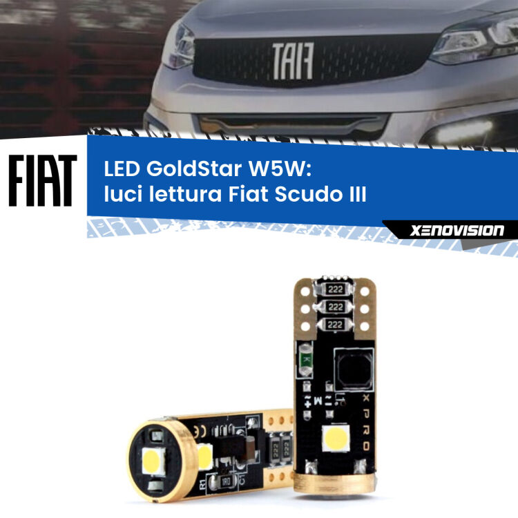 0 Luci Lettura LED Fiat Scudo III 2022 in poi: T10 GoldStar <strong>Luci Lettura LED Fiat Scudo</strong> III 2022 in poi: ottima luminosità a 360 gradi. Si inseriscono ovunque. Canbus, Top Quality.