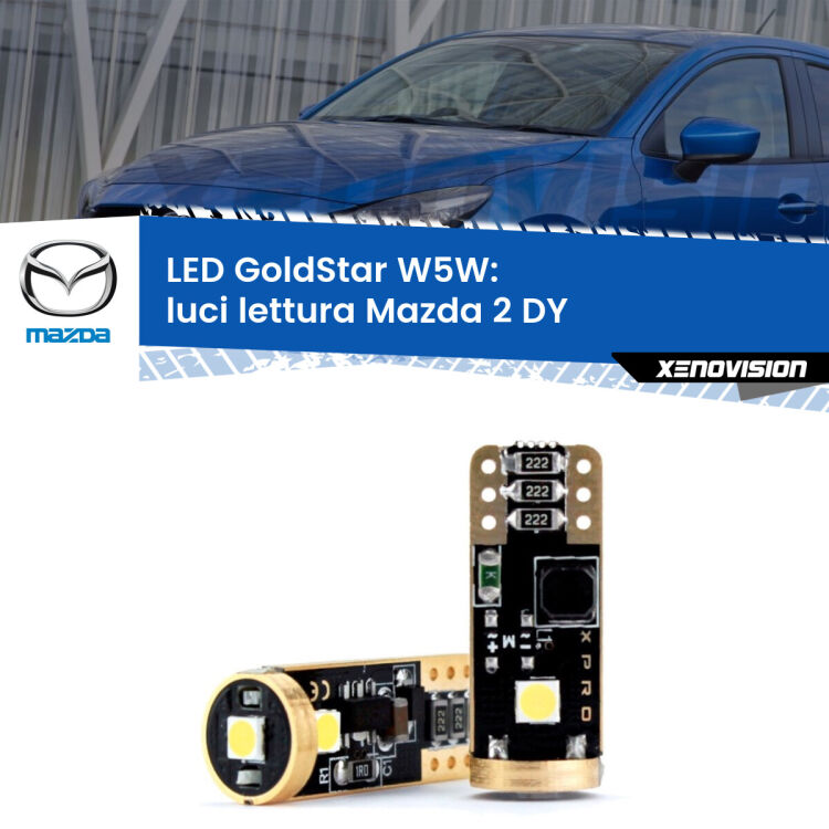 0 Luci Lettura LED Mazda 2 DY 2003 - 2007: T10 GoldStar <strong>Luci Lettura LED Mazda 2</strong> DY 2003 - 2007: ottima luminosità a 360 gradi. Si inseriscono ovunque. Canbus, Top Quality.
