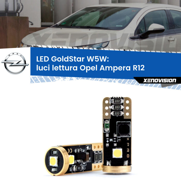 0 Luci Lettura LED Opel Ampera R12 2011 - 2015: T10 GoldStar <strong>Luci Lettura LED Opel Ampera</strong> R12 2011 - 2015: ottima luminosità a 360 gradi. Si inseriscono ovunque. Canbus, Top Quality.