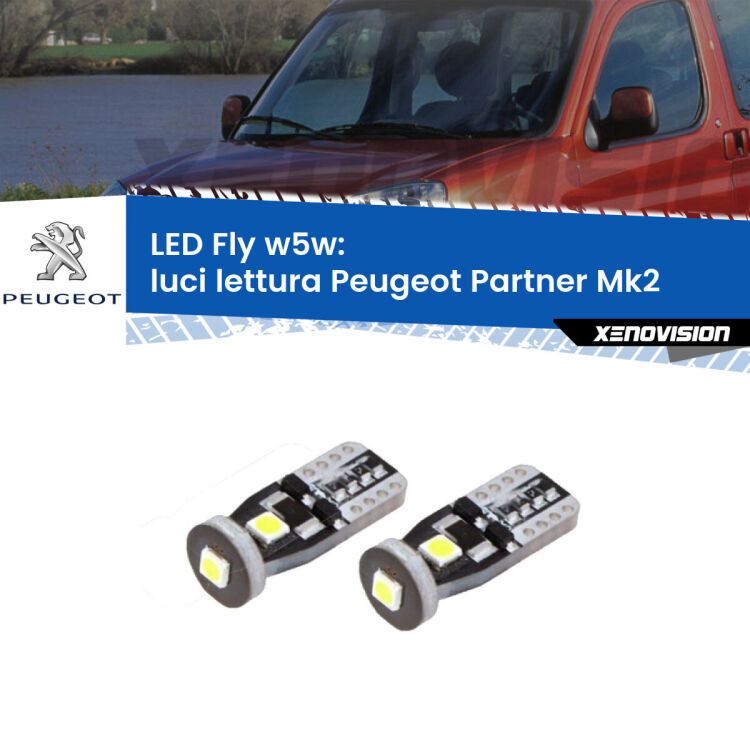 0 Luci Lettura LED Peugeot Partner Mk2 2008 - 2016: W5W Fly <strong>luci lettura LED per Peugeot Partner</strong> Mk2 2008 - 2016. Coppia lampadine <strong>w5w</strong> Canbus compatte modello Fly Xenovision.